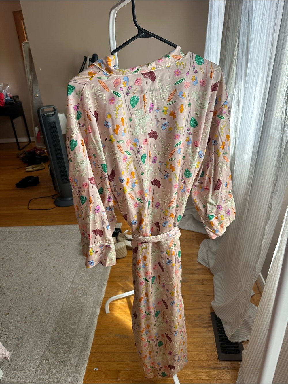 Pink Floral Satin Robe with Belt